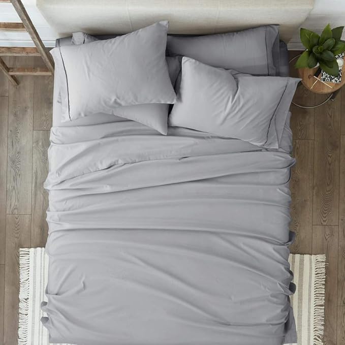Femini Fashion 100% Organic Cotton Bed Sheets 800-Thread-Count, 16-Inch Deep-Pocket, Luxury Breathable Crisp 4-Piece Bed Sheet Set (1 Flat Sheet, 1 Fitted Sheet, 2 Pillowcases) - Queen-XL, Light Grey