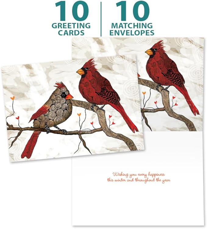 Tree-Free Greetings Cardinals Flitting Holiday Cards - 10 Recycled 5x7 Cards & Matching Envelopes, Thick Cardstock, Sustainably Made in USA - Vibrantly Artful Birds