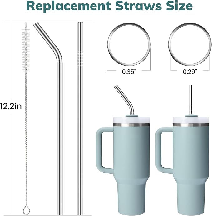6 Pack Metal Straws for Stanley 40 oz Tumbler, Stainless Steel Reusable Replacement Straws with Cleaning Brush & Storage Bag Compatible for Stanley Quencher 40oz Cup (3x Straight & 3x Bent)