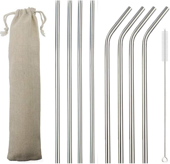 JASHII 2 Set Reusable Portable Metal Straws Stainless Steel Eco-friendly Drinking Straw with Travel Cloth Bag (4 Bent 4 Straight 2 Brush),Silver