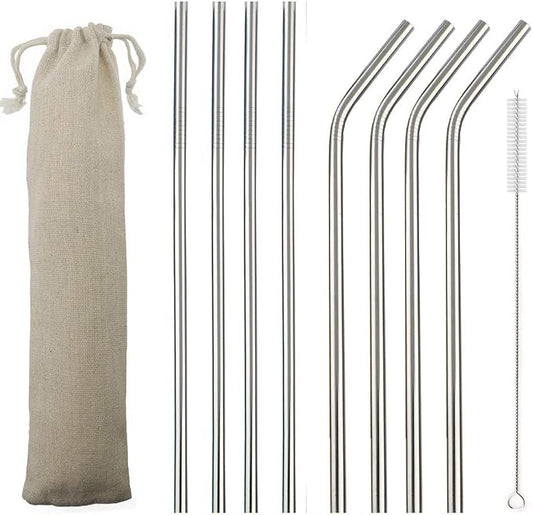 JASHII 2 Set Reusable Portable Metal Straws Stainless Steel Eco-friendly Drinking Straw with Travel Cloth Bag (4 Bent 4 Straight 2 Brush),Silver