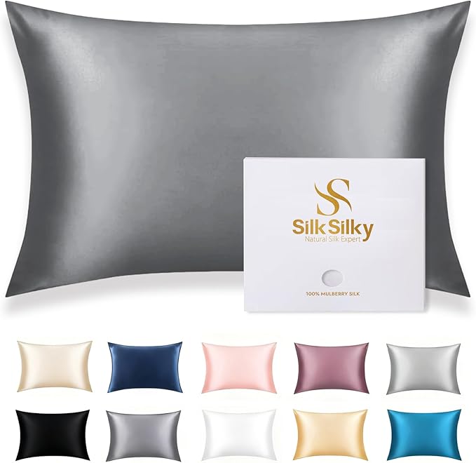 SilkSilky 100% Mulberry Silk Pillowcase - Pure 22 Momme High-Grade 6A Fibers for Hair & Skin, Hidden Zipper, Natural, Organic, Breathable & Cooling Pillow Case (Queen 20''x30'', Darkgray)