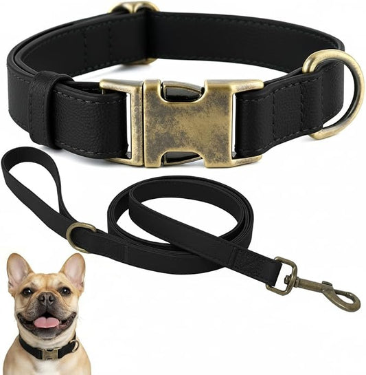 Silicone Dog Collar and Leash Set, Waterproof & Odor-Proof Puppy Collar for Small Dogs, Soft Flexible Leather-Look Dog Collars, Durable Thick Adjustable Pet Collar (Black, Small (11-15.5" Neck))
