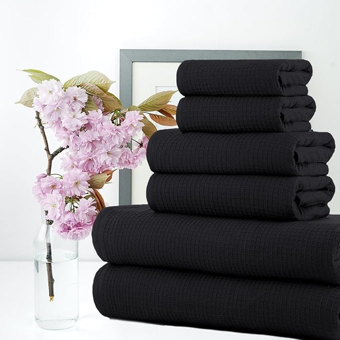 CASA COPENHAGEN Waffle 6Pcs 100% Egyptian Cotton Large Designer Towels Gift Set- Coal-Black, 2Bath 2Hand 2Washcloths, Bath Towels for Bathroom (Box Pack, Gift Set for Women & Men)