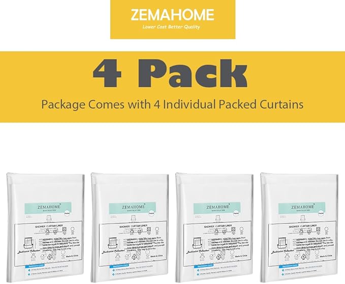 ZEMAHOME 4 Pack PEVA Plastic Shower Curtain Liner Premium Light Weight 72" x 72" Clear Bathroom Shower Showroom Curtain Liner with Rustproof Metal Gromments and Weighted Magnet