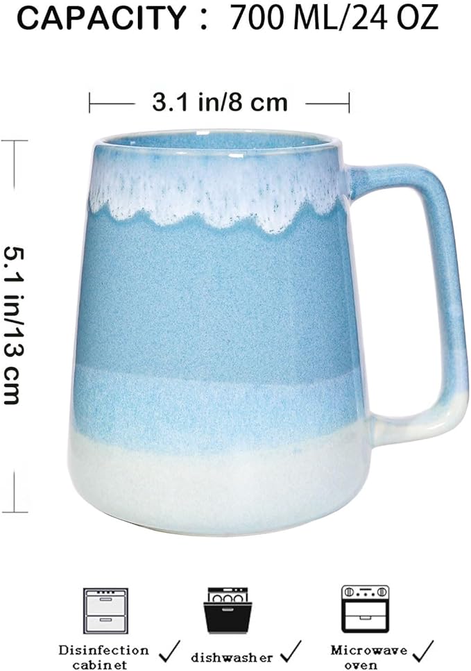 24oz Large Ceramic Coffee Mug with Big Handle, Handmade Kiln Glazed Large Coffee Mug Tea cup, Novelty Mug，Unique Uneven Surface for Office and Home，Microwave and Dishwasher Safe (Light Blue)