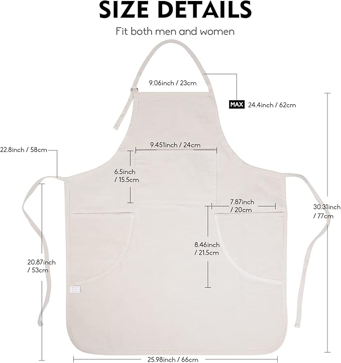 conda Adjustable Professional Bib Apron 100% Cotton Canvas with 3 Pockets for Women Men Adults, Waterproof, Natural 31inch (1pcs Pack)
