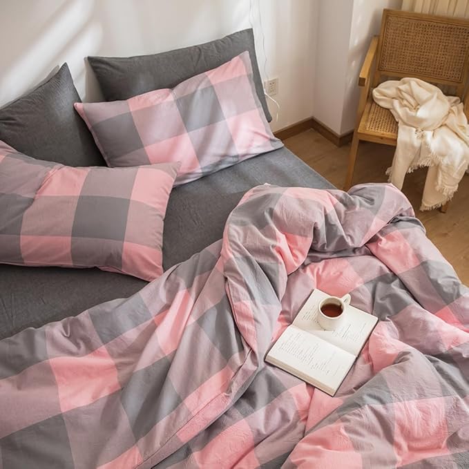 FACE TWO FACE Bedding Duvet Cover Set100% Washed Cotton Duvet Cover Linen Like Textured Breathable Durable Soft Comfy (Queen, Grey Powder Grid)