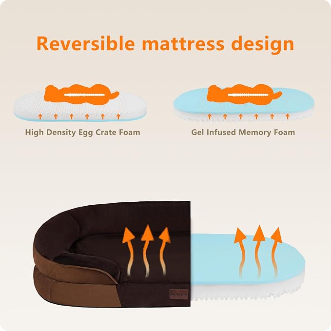 Dwanton Orthopedic Dog Bed for Extra Large Dogs with Gel Memory Foam, Waterproof Dog Sofa, Washable Pet Bed with Four Sided Bolster Cushion, Removable Cover & Non-Slip Bottom, 45", Brown