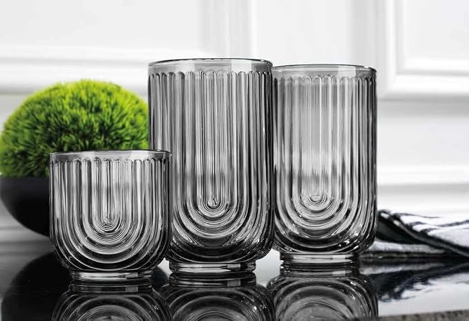 Glaver's 8 Piece Smoke Glassware Set, Art Deco Black Drinking Glasses, Ribbed U-Shape Design, 4 Highball 17oz and 4 Whiskey 11oz DOF Arch Drinkware
