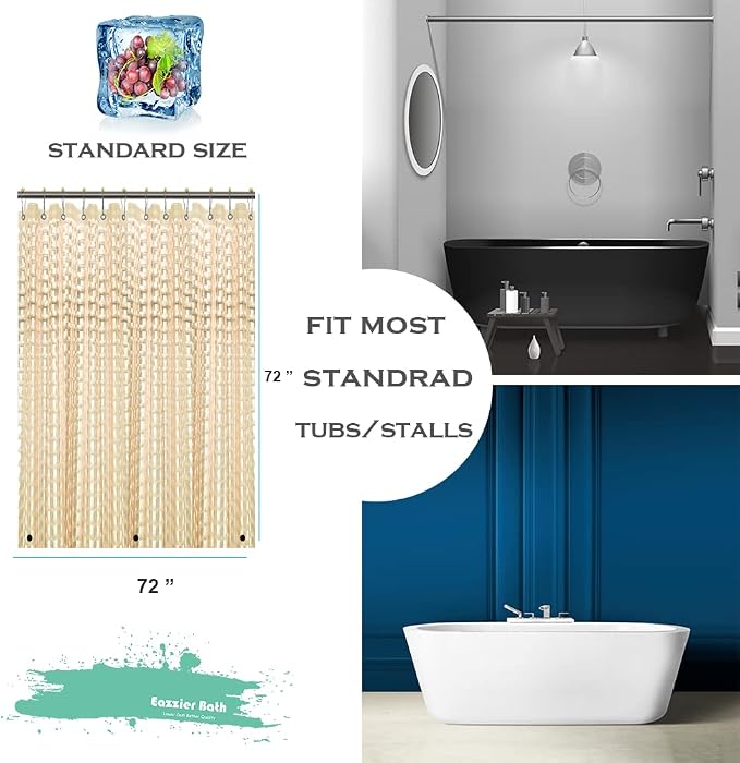 Beige 3D Crystal Plastic Shower Curtain Liner, 72x72 Inch Thin Lightweight Plastic Bathroom Shower Showroom Inner Curtain with Rustproof Metal Grommet Holes and Weighted Magnets