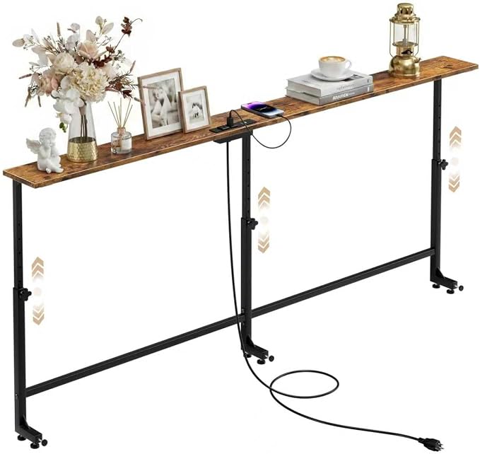 Faesun 70.9 Inch Behind Couch Table, 24"-32" Adjustable Height Range, Behind The Couch Table with Outlet, Adjustable Console Table, Narrow Long Sofa Table, for Living Room, Rustic Brown