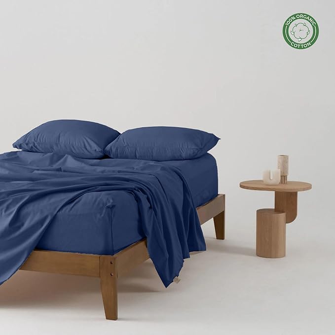 Pure 100% Certified Organic Cotton Bed Sheet Set 1000 Thread Count, 4 Piece Bedding Set, 24" Extra DEEP Pocket, Crisp and Cooling Sateen Weave, Eco-Friendly -(Mediterranean Blue, Queen)