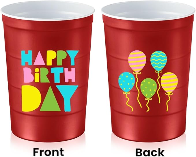 Steel Chill Cups 16 oz. Party Cups 'Happy Birthday' Balloon Design for Cold Drinks, Durable, Disposable, Recyclable, Made in USA, Red, 12 Count