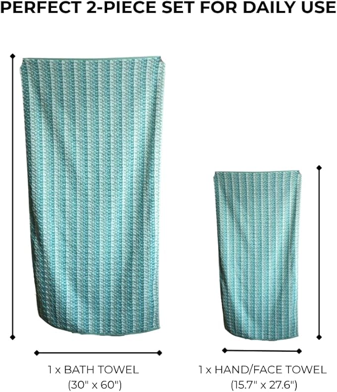 Premium Luxury Waffle Weave Cotton Towel Set - 160g Hand Towel & 650g Oversized Bath Towel (30"x60") - Ultra Absorbent, Quick-Dry, Soft Textured Jacquard (Turquoise)