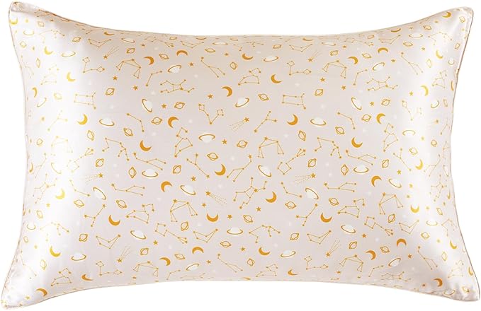 THXSILK Natural Mulberry Silk Pillowcase for Hair and Skin, 6A+ Grade Mulberry Silk Pillow Case Standard Size, Real Silk Pillowcase with Concealed Zipper(Peachy Beige Constellation Pattern, Standard)