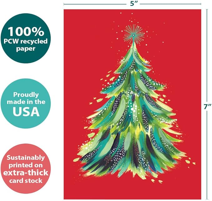 Tree-Free Greetings - Season's Greeting Card - Artful Designs - 1 Card + Matching Envelopes - Made in USA - 100% Recycled Paper - 5 x 7 - Red Tree (VO80703)