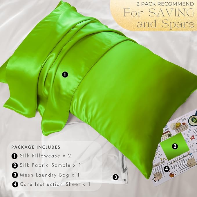 PROMEED 23 Momme Silk Toddler Pillowcase 2 Pack with Free Laundry Bag, Natural Highest Grade 6A+ 100% Mulberry Silk Pillow Case Set of 2, Zipper (Toddler/Travel 13"x18", Green)