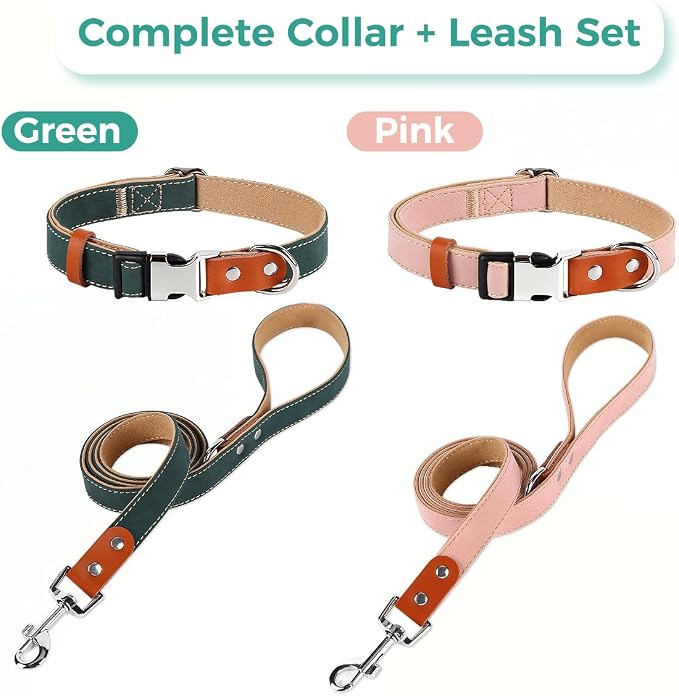 Dog Collar and Leash Set, PU Leather Dog Collar – Adjustable Eco-Friendly with Genuine Leather & Hemp, Soft Breathable Dog Collar Set for Small to Large Dogs (Pink, M（12“-19”）)