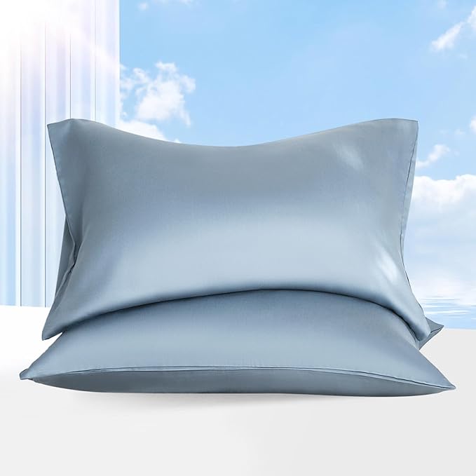 100% Tencel Pillowcase, Hair and Skin Friendly, Soft and Smooth，Cooling Silk Pillowcases for hot Sleepers,Queen Pillowcases Set of 2,Hair and Skin Friendly,Denim Blue, 20x30in
