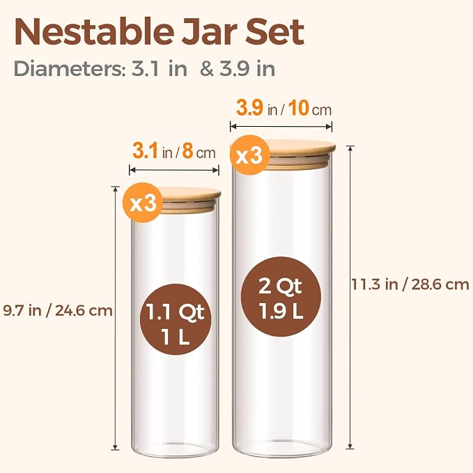 ComSaf Pasta Containers Storage 2 Qt/1.1Qt, 6 Pack Tall Glass Spaghetti Jar | Tall Glass Jar, BPA Free, Glass Storage Containers wtih Lids, Noodles, Cereal, Oats, Dry Food Storage, Pantry Pasta Holder