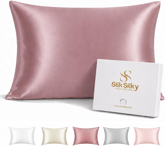 SilkSilky 100% Pure Organic Mulberry Silk Pillowcase for Hair & Skin, Both Sides Grade 6A Pillow Cases with Hidden Zipper, Breathable Cooling Silk for Beauty Sleep (Queen 20''x30'', PaleMauve)
