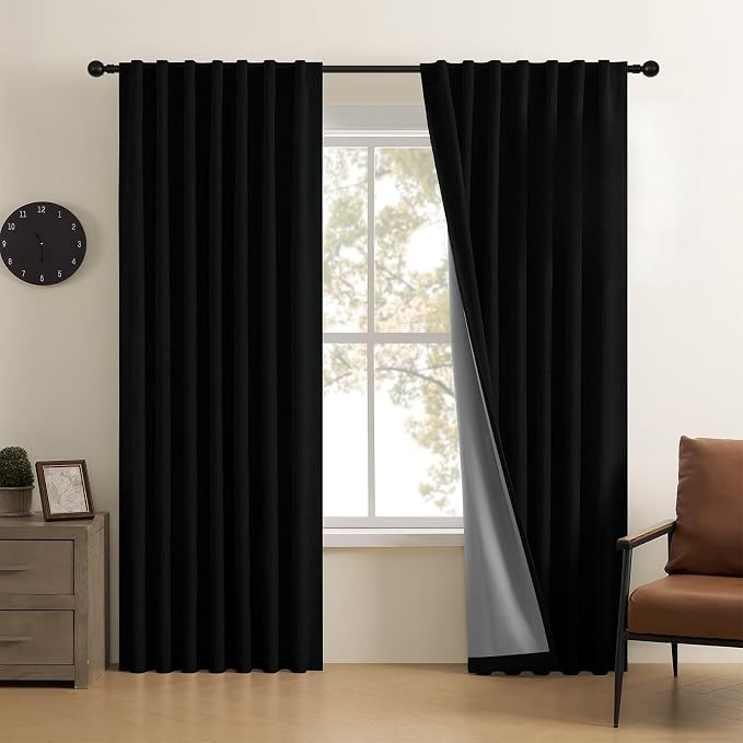 CUCRAF Linen 100% Blackout Curtains 84 Inch Length 2 Panels Set, Back Tab and Rod Pocket Curtain for Living Room Bedroom, Room Darkening Window Drapes Thermal Insulated, (52x84 inch, Black)