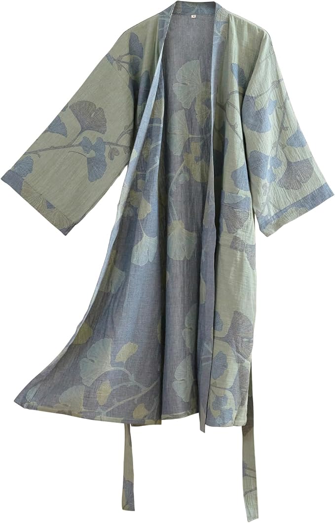 100% Cotton Gauze Ginkgo Leaf Kimono Robe, Long Knit Loose Bathrobe Nightgown Ladies Loungewear Sleepwear for Women