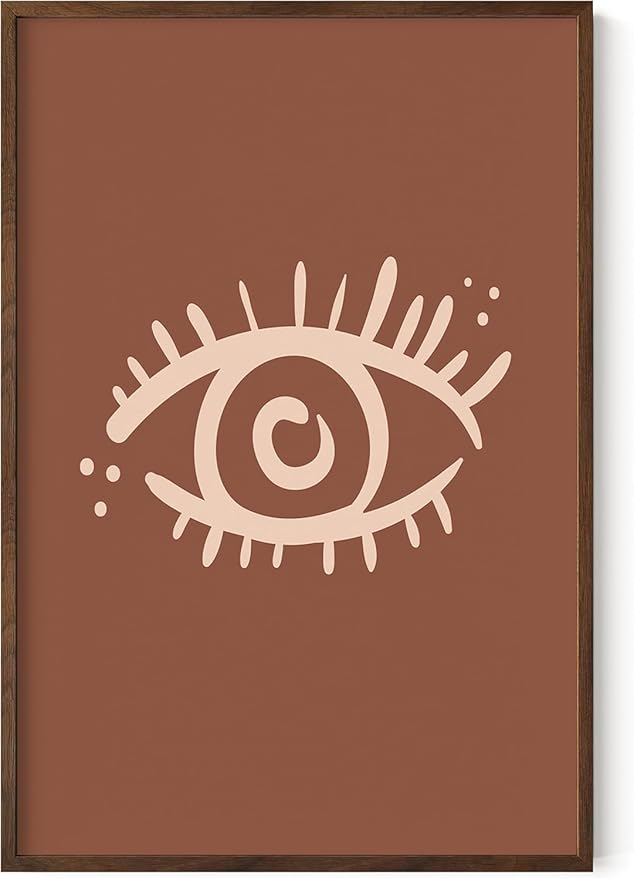 Mystical Evil Eye Wall Art Nazar Protection Symbol Earth Tones Terracotta Mid Century Modern 24x36 Inch Oak Wood Walnut Framed Boho Spiritual Decor Print for Home