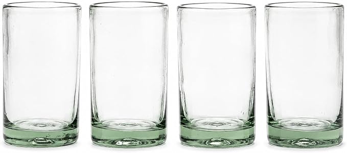 Aztecas Design Handblown Recycled Glass Drinking Glasses, Clear, Set of 4, Classic Style (16oz)