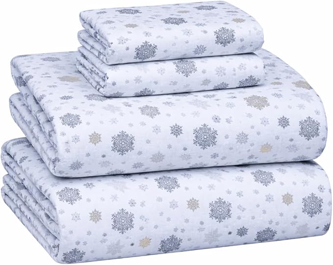 Briarwood Home® Printed Flannel Sheet Set, 100% Natural Cotton, Soft, Warm & Deep Pocket, Advanced Nano-Tech Making it Resistance to Pilling; Brushed 6 Times for Softness (Snowflakes, Queen)