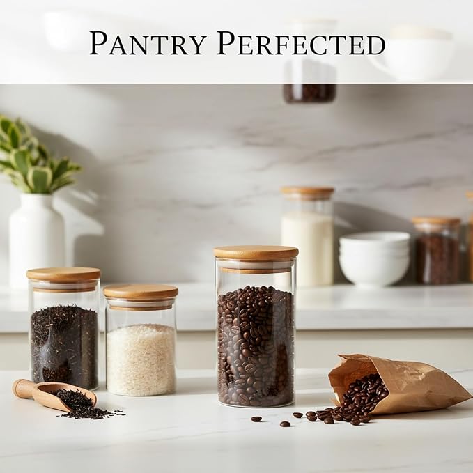 Borosilicate Glass Storage Jars with Bamboo Lids, Clear Kitchen Canisters for Pantry Organization of Dry Goods, Coffee, Tea, and Grains