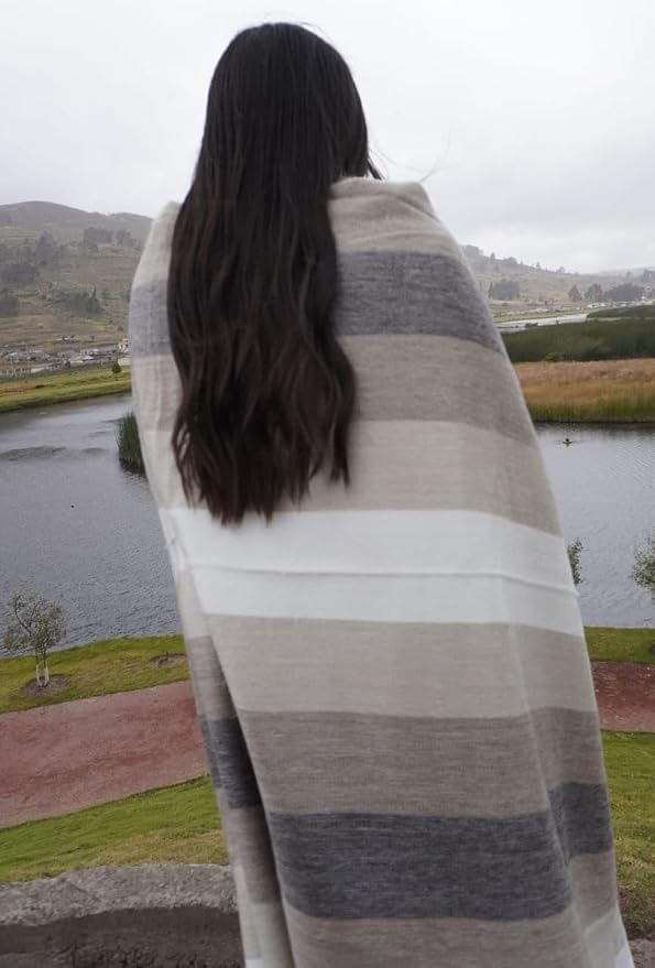 Alpaca Wool Throw Blanket, Natural Beige Striped, Queen (95" x 65") | Cozy, Ultra-Soft & Naturally Warm, Lightweight & Breathable, Non-Itchy, Perfect for Sofa, Bed or Travel