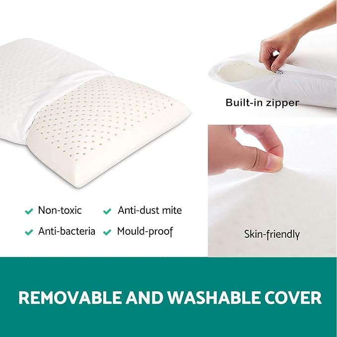 100% Natural Talalay Latex Pillow Sleeping Bed Pillows, Extra Soft Luxury Queen Pillow, Perfectly Aligns for Side/Back Pain, Stomach, Neck, Removable Breathable Cotton Cover (1, Queen (Low Loft))