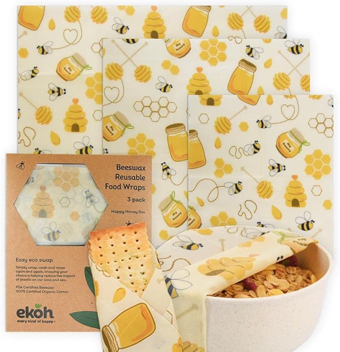 EKOH Reusable Beeswax Foodwraps (3 pk) Retro Bee Print - Bees Wax Wrap for Food - Eco Friendly Bee Wraps - Reusable Sandwich Wrap - Sustainable Organic Cotton Wraps (3 Honey Bee prints)