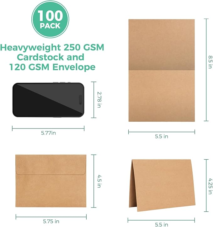 Ohuhu Blank Brown Kraft Cards and Envelopes 100 Pack - 4.25" x 5.5" Folded Cardstock Paper and A2 Envelopes for DIY Greeting Cards Wedding Birthday Invitations Thank You Cards and All Occasions