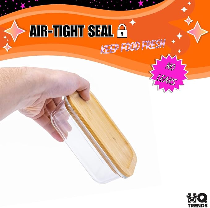 HQ Glass Container with Natural Brown Wooden Bamboo Lid Eco-Friendly Storage Airtight 51 oz Rectangular Baking Dish Storage Refrigerator Boxes 1520 ML