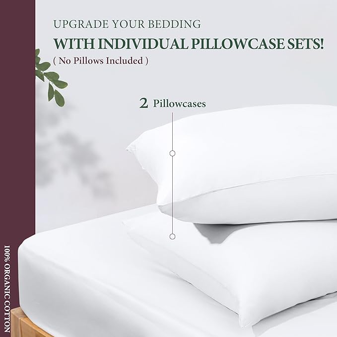 100% Organic Cotton Pillow Cases King Size Set of 2 - Organic Cotton Percale Weave Pillowcases King Size (White), Soft, Cooling, Crisp & Breathable Percale Pillow Covers