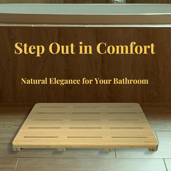 Bamboo Shower Mat 26.5 x 17.5 x 1.7, Solid Slatted Wooden Bath Mat, No Coating, One-Piece Design, Non-Slip Surface for Bathroom, Spa, Indoor Entryway, Available in 3 Sizes