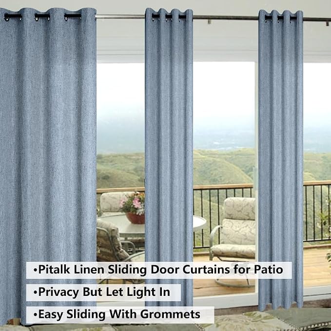 Pitalk Light Blue Linen Curtains 90 Inches Long for Bedroom 2 Panel Grommet Lightweight Drape Semi Sheer Cotton Textured Stone Blue Grey Curtain for Living Room Country Farmhouse Decor 52x90 Gray Blue
