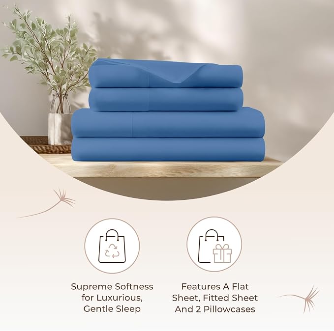 100% Organic Cotton Sheets Queen Size - GOTS Certified Cotton Percale Sheets with Crisp Cool & Breathable Percale Weave Perfect for Hot Sleepers - Durable Luxury 4 Piece Set (Blue, Queen)