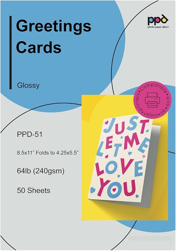 PPD Greeting Card Paper, Printable Greeting Cards for Inkjet Printer, 8.5 x 11 Blank Half Fold to 5.5 x 8.5 Custom Cards for Birthday, Wedding, Invitations, Thank You Note, Instant Dry (50 Sheets)