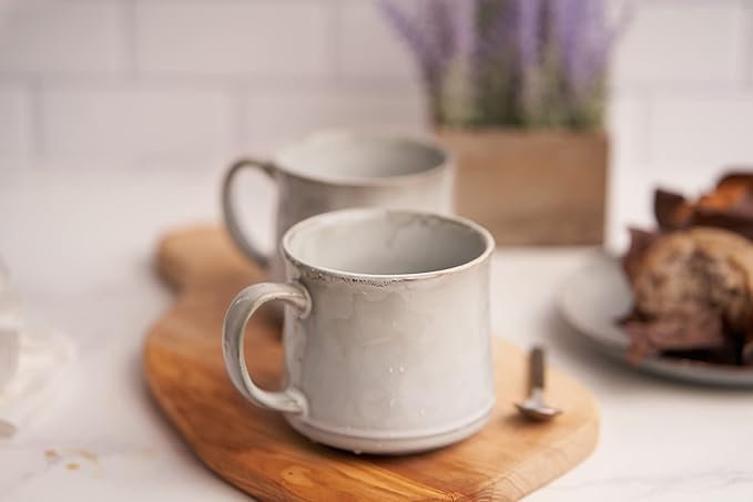 KooK Glazed Coffee Mugs, Ceramic, Microwave & Dishwasher Safe, 13 oz, Java/Slate Circled, Set of 2