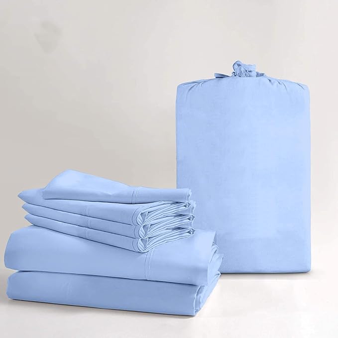 100% Real Certified Organic Cotton Bedsheet Set, King Size 6 Piece 1000 Thread Count Sheets Sets, [1 Fitted + 1 Flat + 4 Pillowcases], Extra 24" Deep Pocket - Light Blue