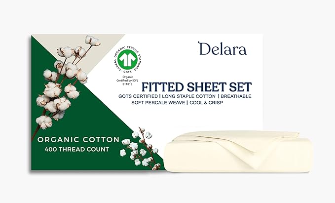 100% Organic Cotton Percale Weave Sheet, 400 Thread Count GOTS Certified, Smooth & Moisture-Wicking, Soft & Silky Breathable Bedding (Ivory, Twin - 2 Piece NO Flat Sheet)