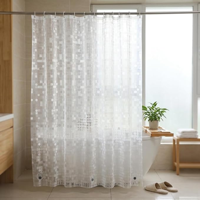 Plastic Shower Curtain Liner 69x70 Inch, 8G Heavyweight Peva Waterproof Heavy Duty Bathroom Shower Liner with 12 Plastic Rings, Geometric (Geometric, 69''W x 70''L)