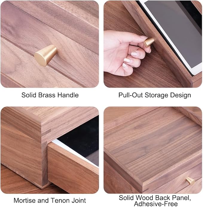 Solid Walnut Wood Desk Drawer Organizer – 1/2 Tier Desktop Storage Box with Drawers for Stationery, Makeup, Jewelry, Remote Control (Single)
