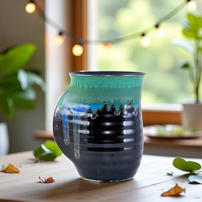 Hand Warmer Mug for Christmas - 16 Ounce Large Handwarmer Mugs Ceramic Handmade Pottery Gift for Holiday with Pocket Handle, Keep Your Fingers Warmth (Right Handed,Forest Green/Black)
