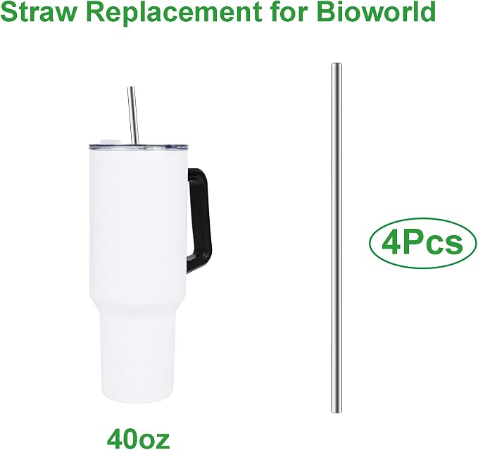 Metal Straws Reusable Compatible with Bioworld 40oz Tumbler，4Pcs Long Stainless Steel Drinking Straws with Cleaning Brush