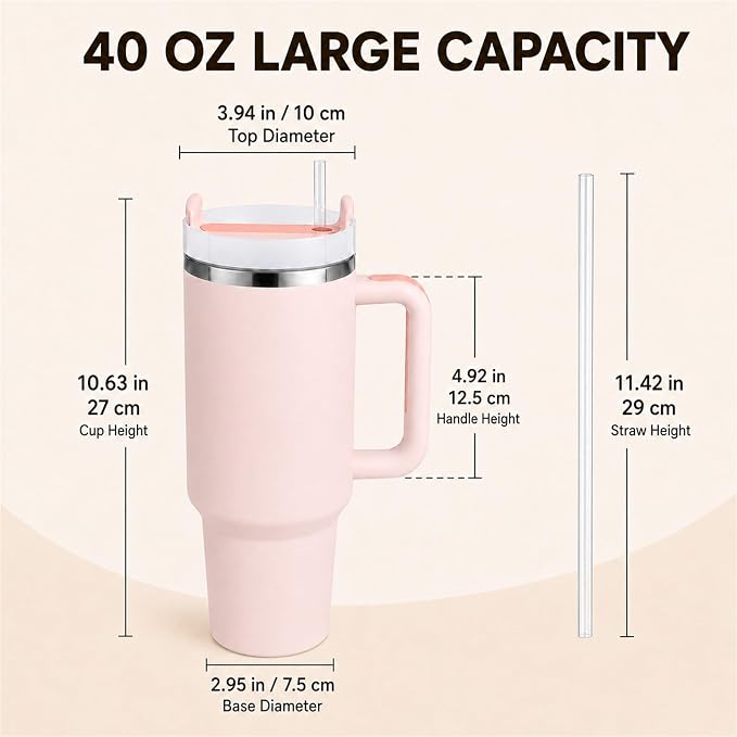 Pandance 4 Pack 40 oz Tumbler with Handle and Straw Bulk, Quartz | Stainless Steel Vacuum Insulated Travel Mug, Sturdy Screw-on lid, Cup Holder Friendly, Large Capacity Cup For Iced Coffee